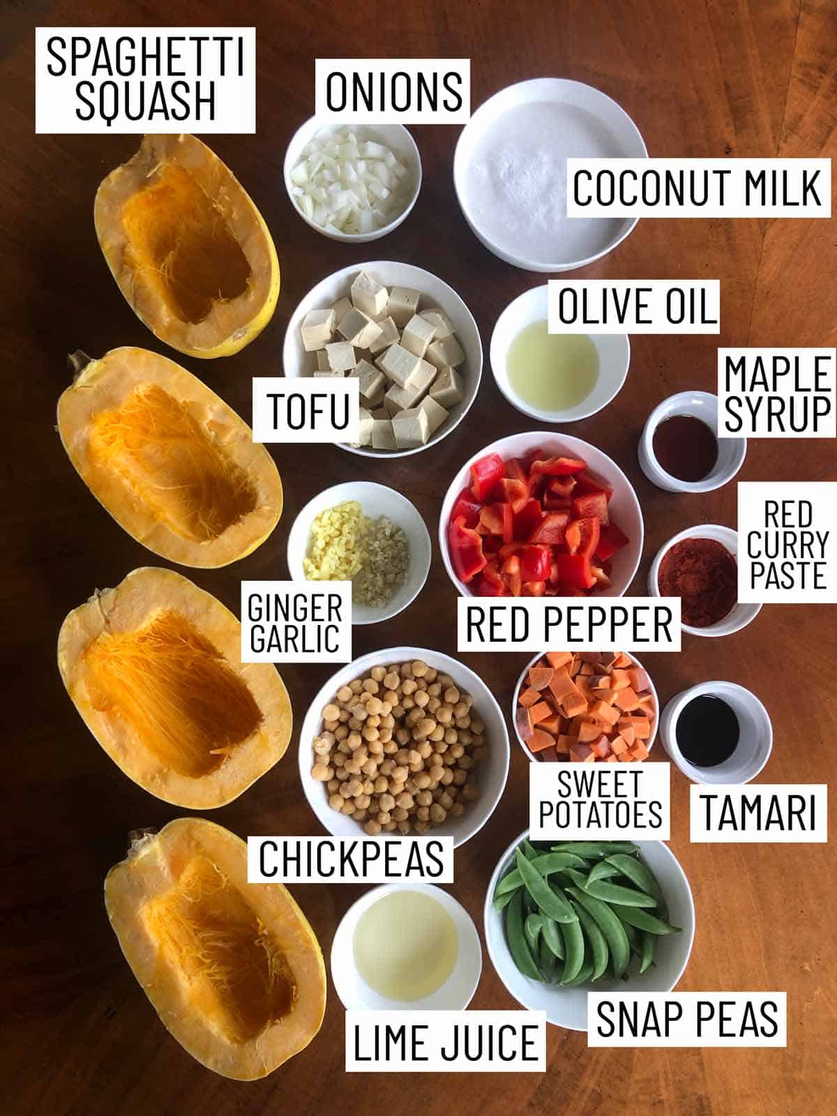 Overhead photo of ingredients needed to make a vegan curry with spaghetti squash.