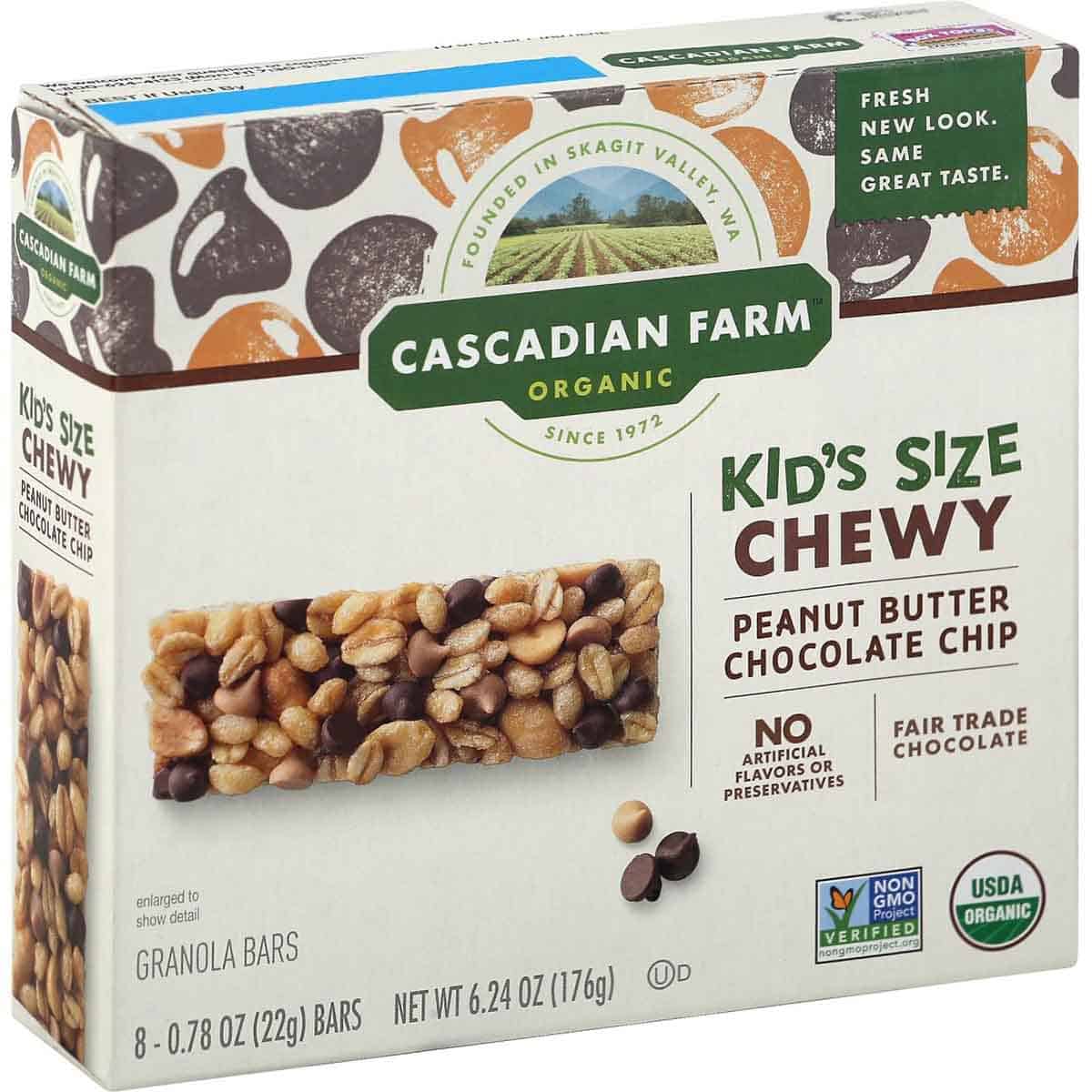 A box of peanut butter chocolate chip bars by the brand "Cascadian Farm". 