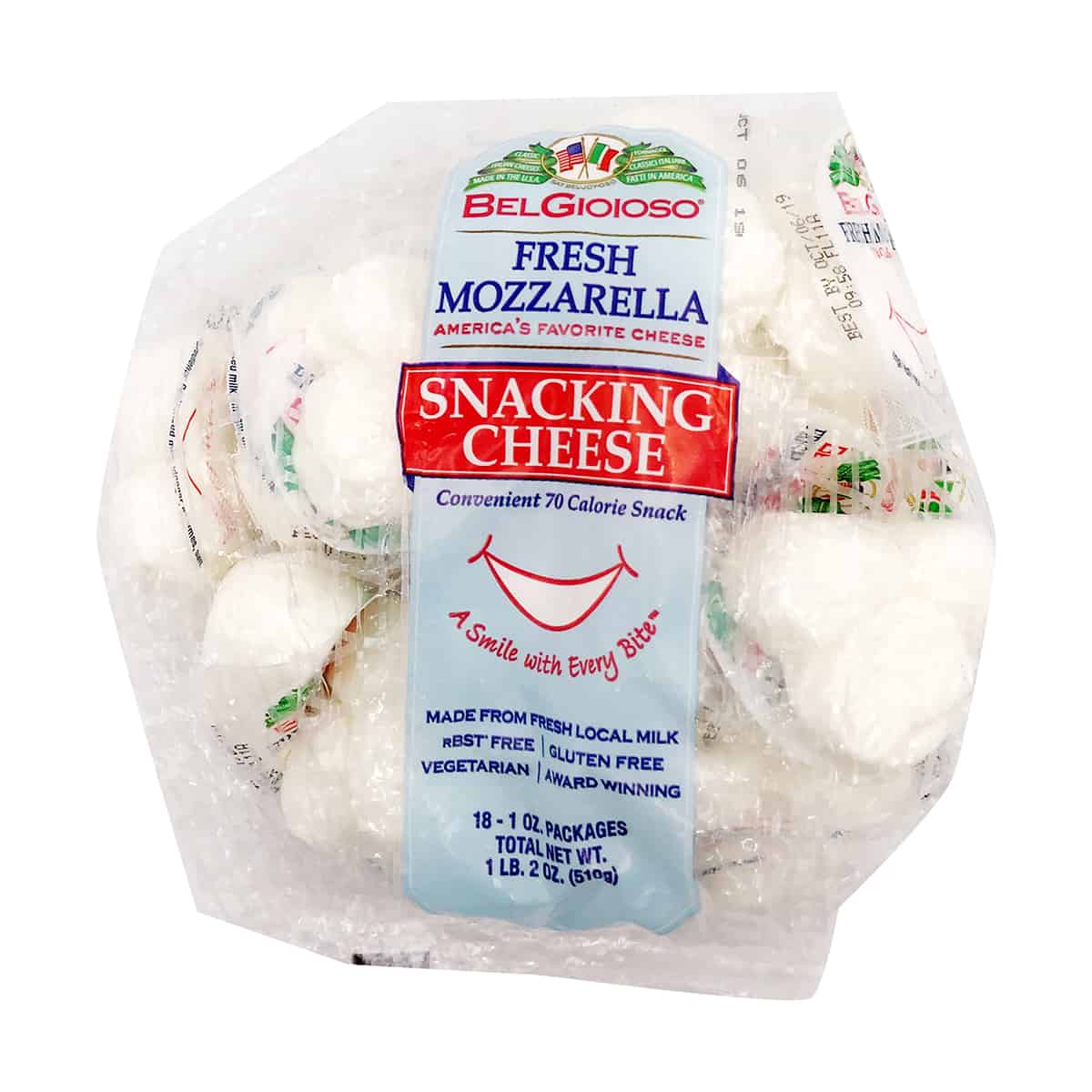 A package of fresh mozzarella snacking cheese. 