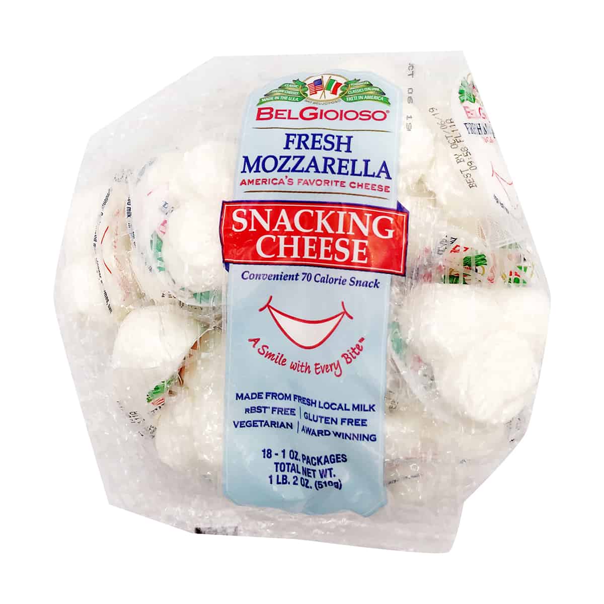 A package of fresh mozzarella snacking cheese.