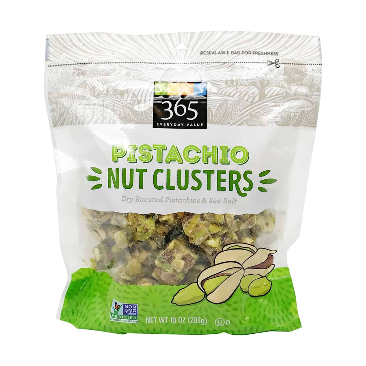 A package of pistachio nut clusters as an example of a healthy packaged snacks.