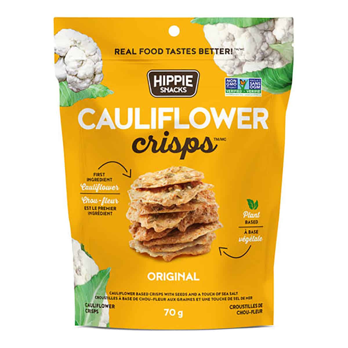 A package of cauliflower crisps from the brand "Hippie Snacks" as an example of a healthy packaged snack. 