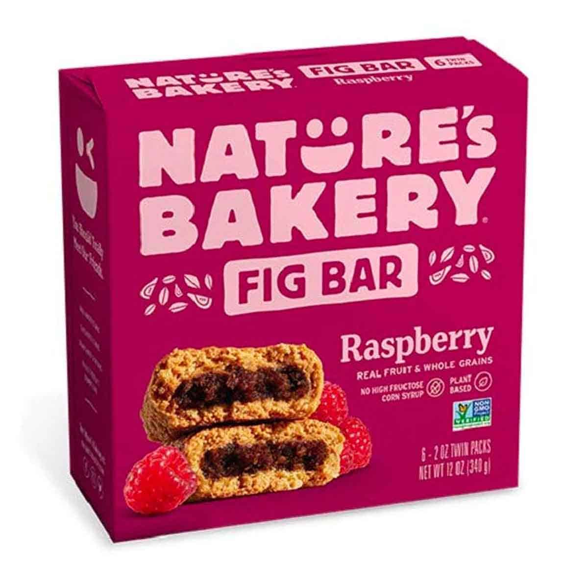 A pink box of raspberry fig bars by "Nature's Bakery". 