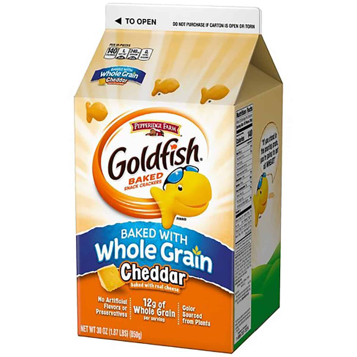 A package of whole grain goldfish crackers as an example of a healthy packaged snack. 