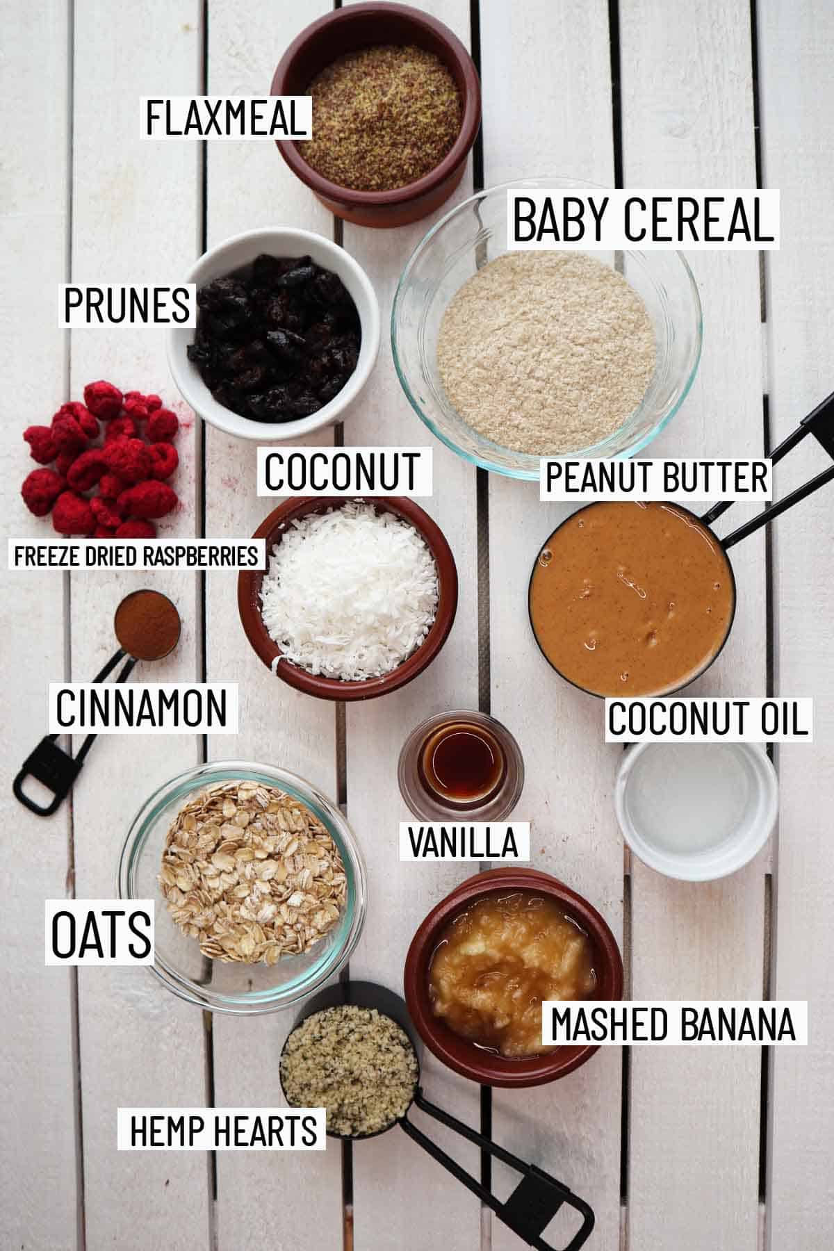 Flat lay image of portioned recipe ingredients. 