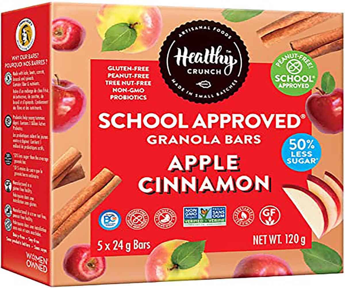 A red box of healthy apple cinnamon granola bars by the brand "Healthy Crunch". 