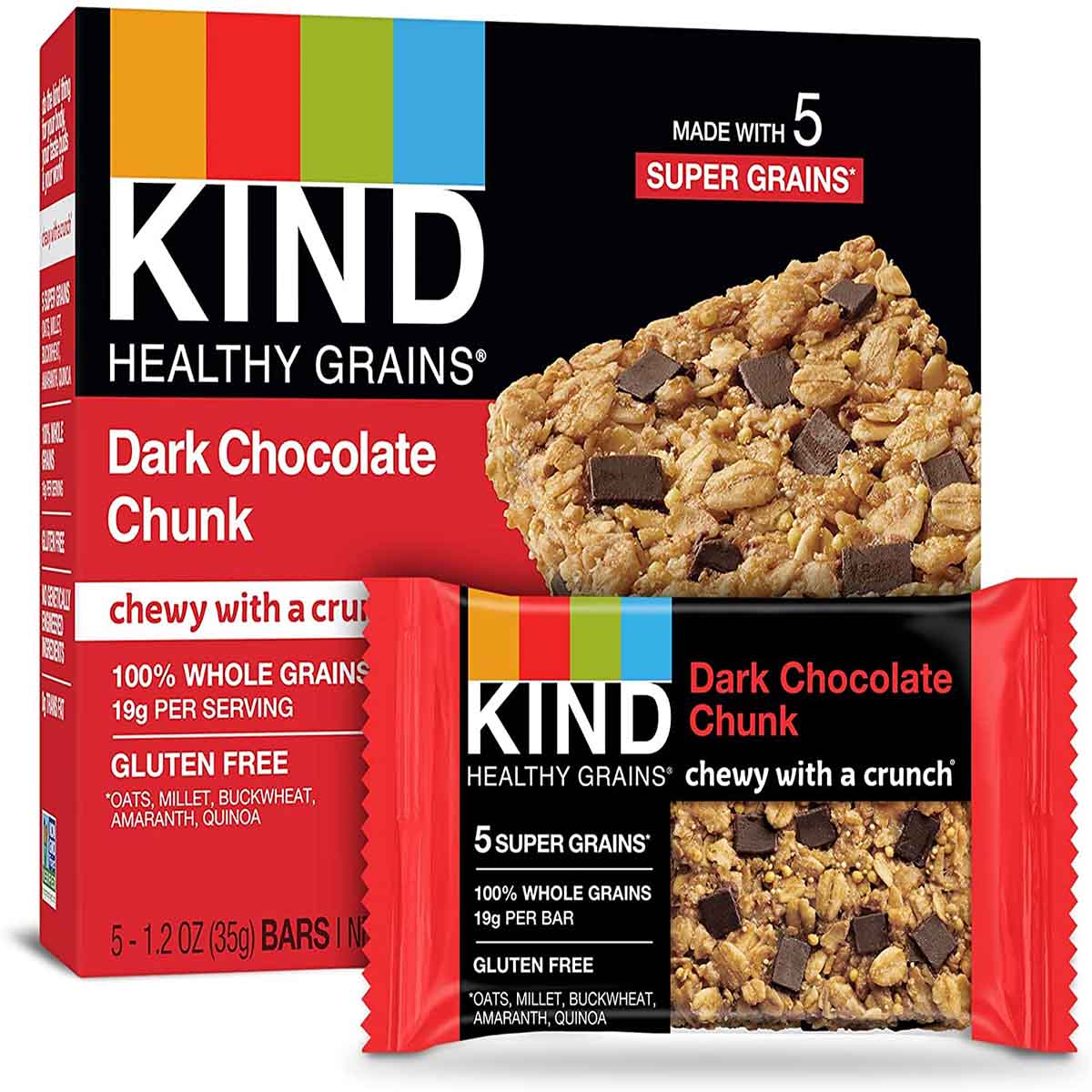 A red box of dark chocolate chunk granola bars from the brand "Kind Healthy Grains". 