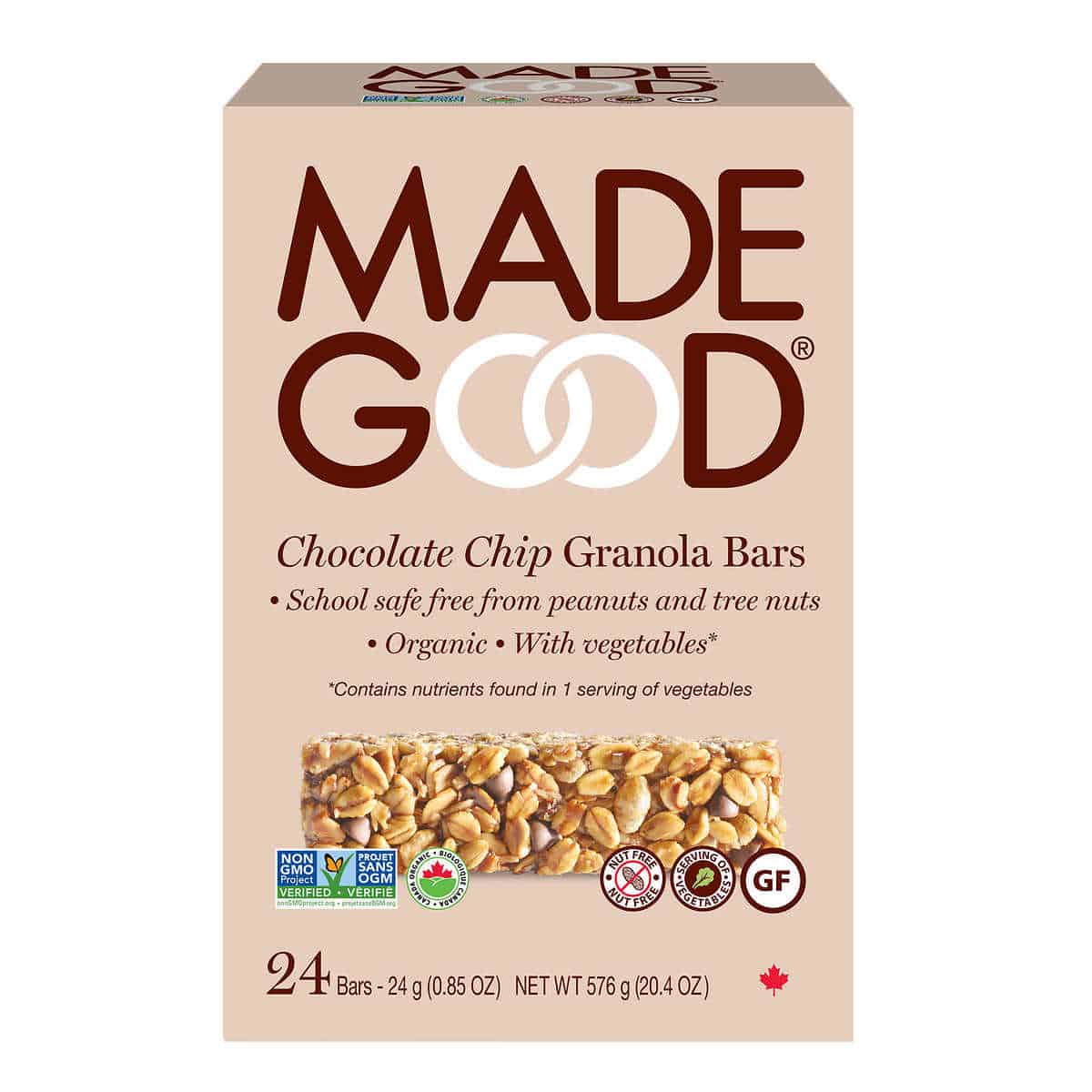 A box of chocolate chip granola bars from the brand "Made Good".