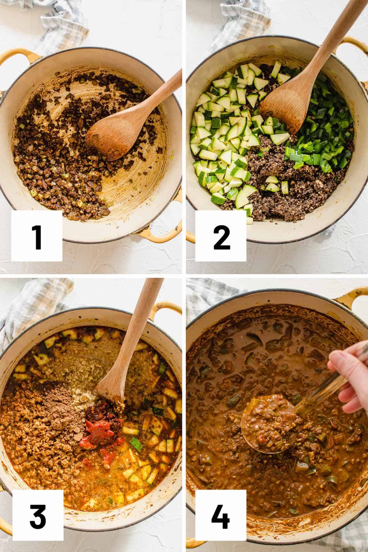 Set of 4 instructional photo showing how to saute the ingredients, adding in the vegetables and liquid, and then a pot filled with vegan chili with a ladle scooping out a serving.