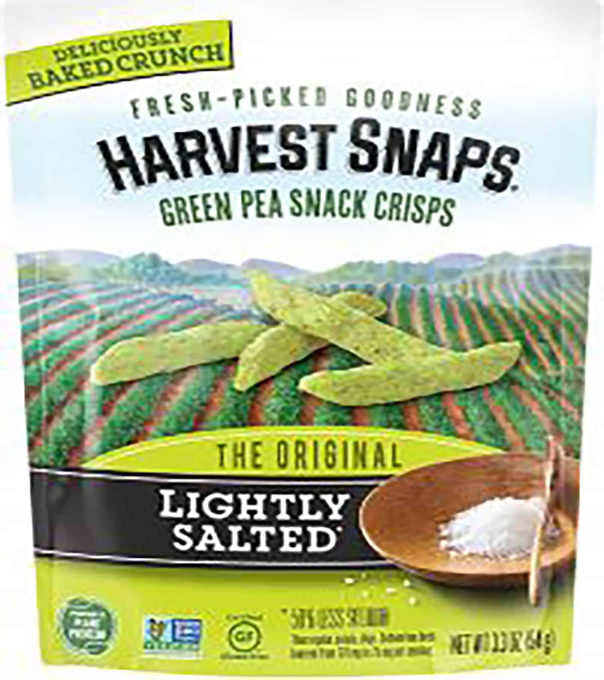 A package of harvest snack green pea crisps. 