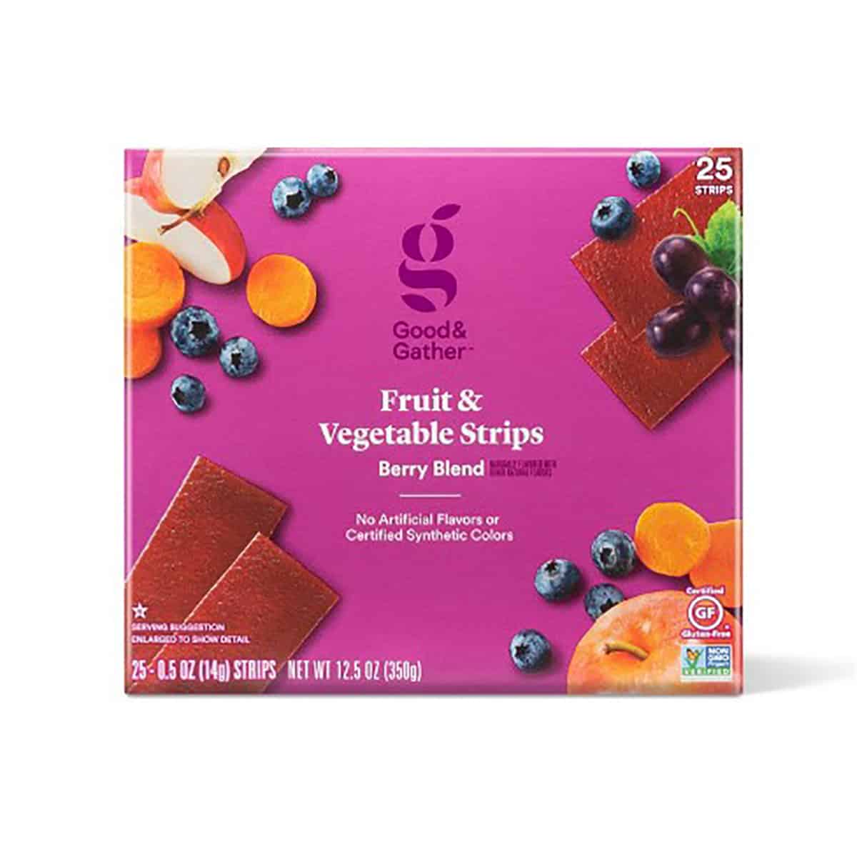 A box of fruit and vegetable strips as an example of a healthy packaged snacks.
