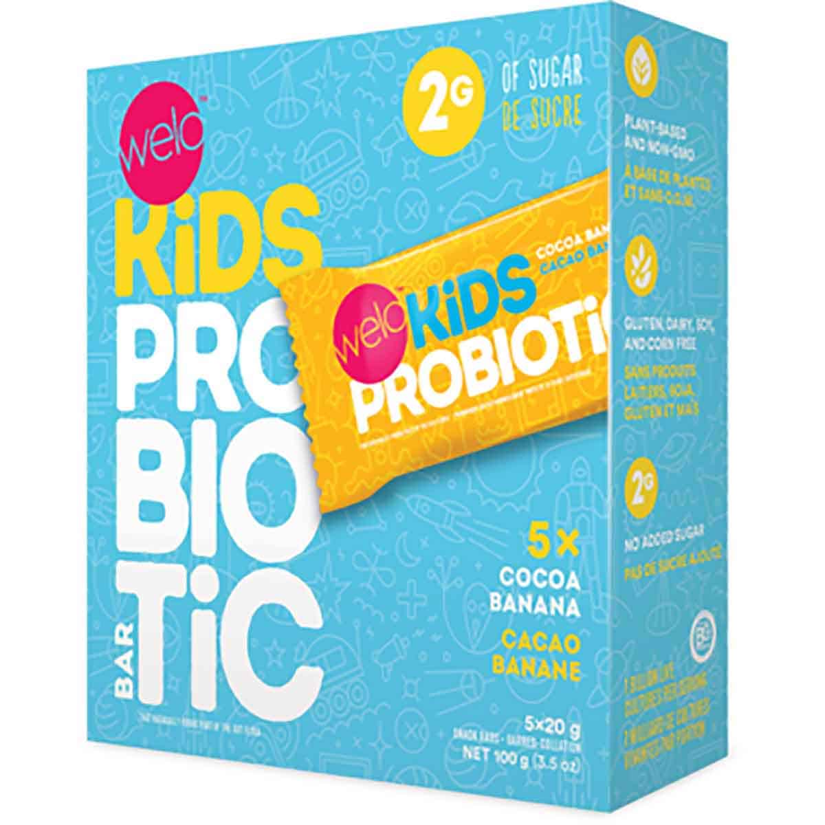 A blue box of kids probiotic bars by the brand "Welo".