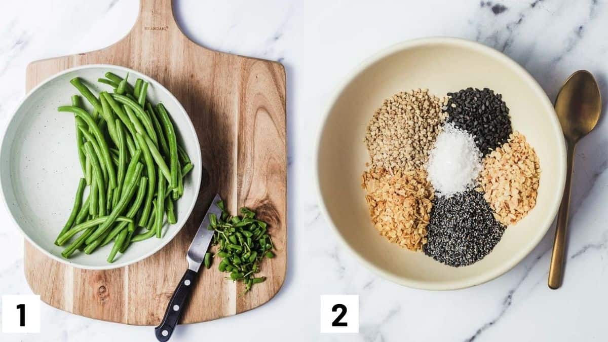 Two side by side images showing how to prep the green beans by cutting the stems, and how to prepare the everything bagel seasoning from scratch. 