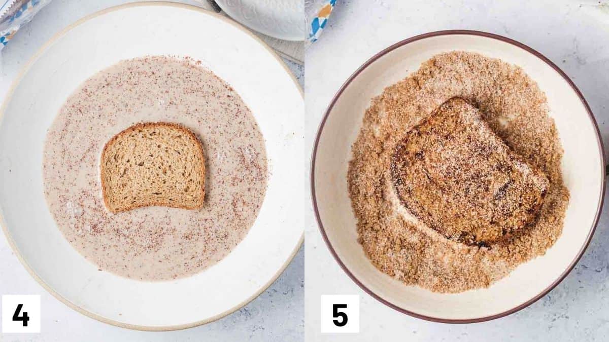 Two side by side images showing how to coat bread in churro french toast mixture.