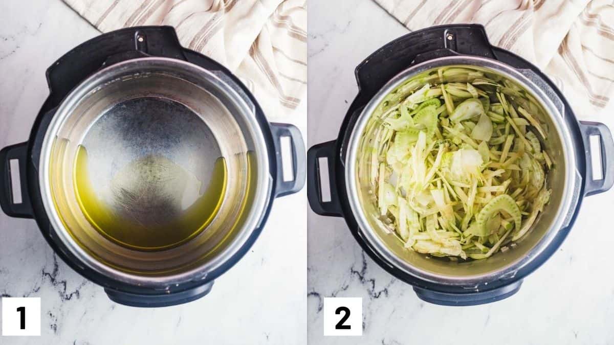 Two side by side images showing how to prep the instant pot, as well as adding in shallots, fennel and apple.