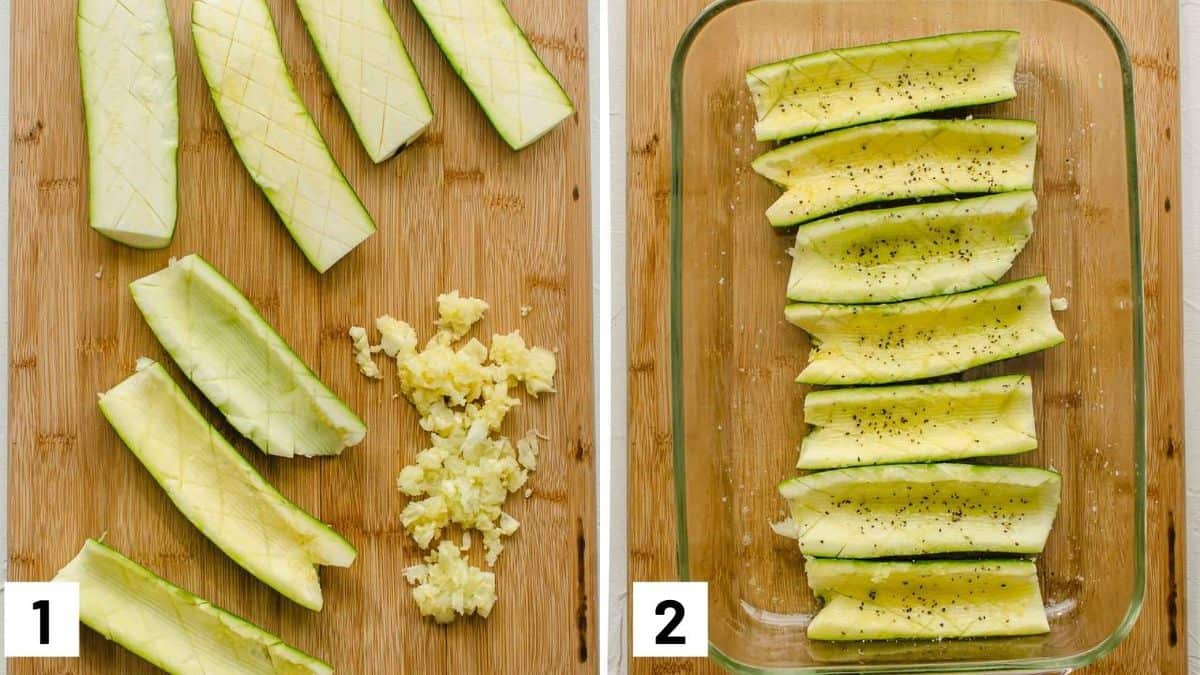 Two side by side images showing how to prepare zucchini by scoring, removing the flesh, and brushing with olive oil.