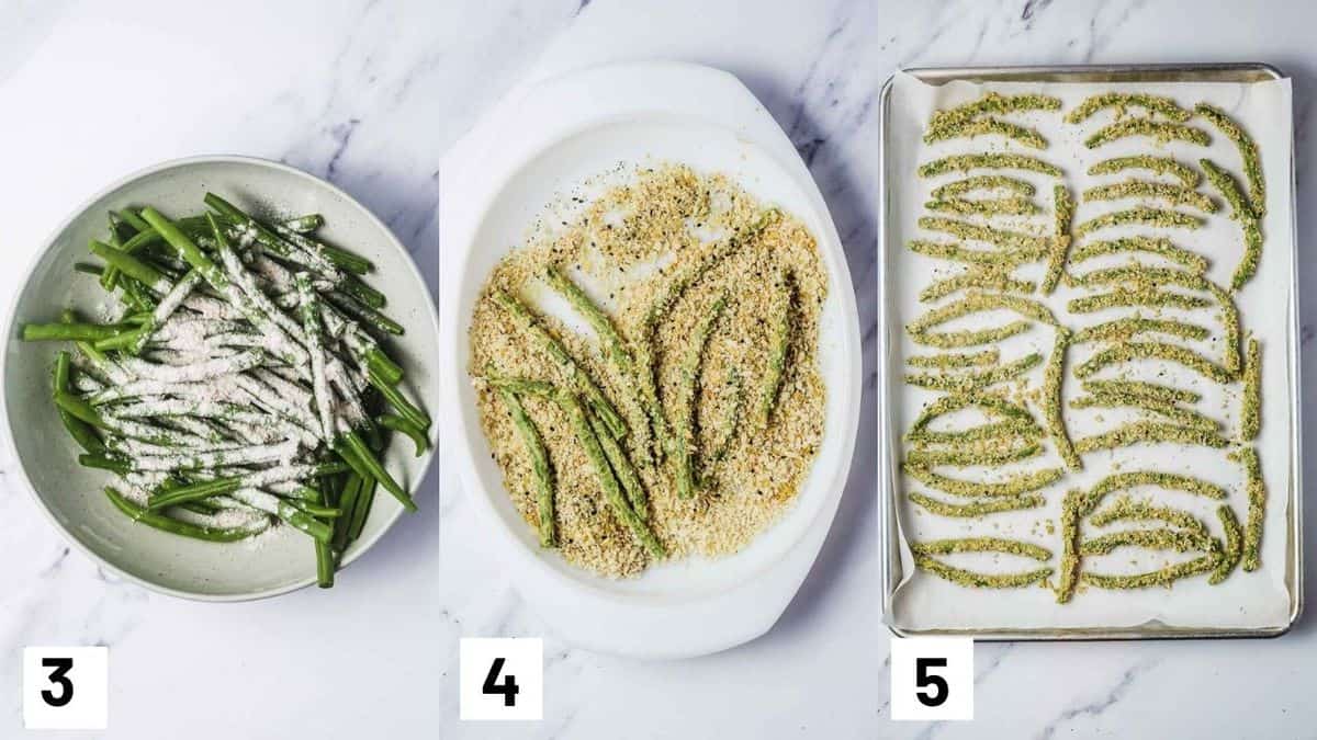 Three side by side images showing how to prepare the coating including dredging the beans in flour, adding to wet and dry mixture, and placing on the baking sheet to cook. 