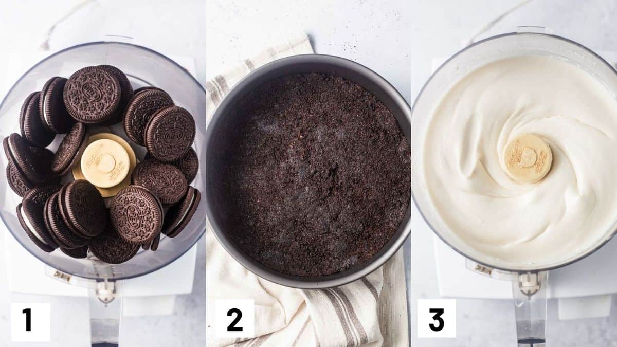 Three side by side images showing how to make the Oreo crust as well as the cheesecake filling.