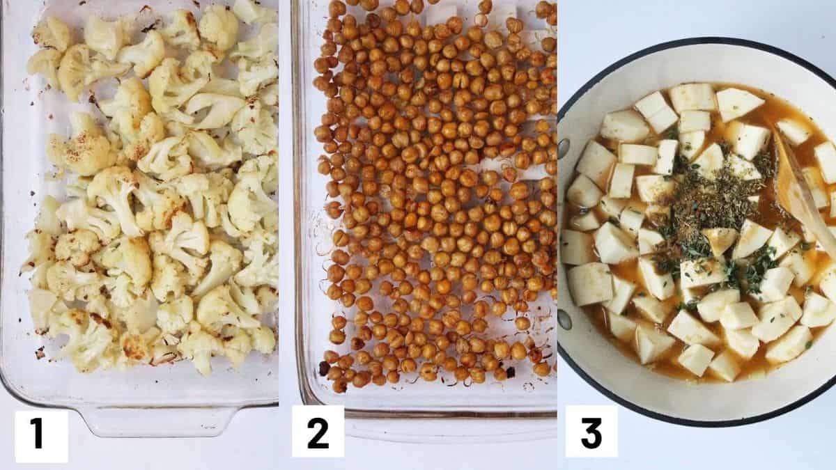 Three side by side images showing how to roast the cauliflower and chickpeas, as well as adding all ingredients to the sauce pot to simmer. 