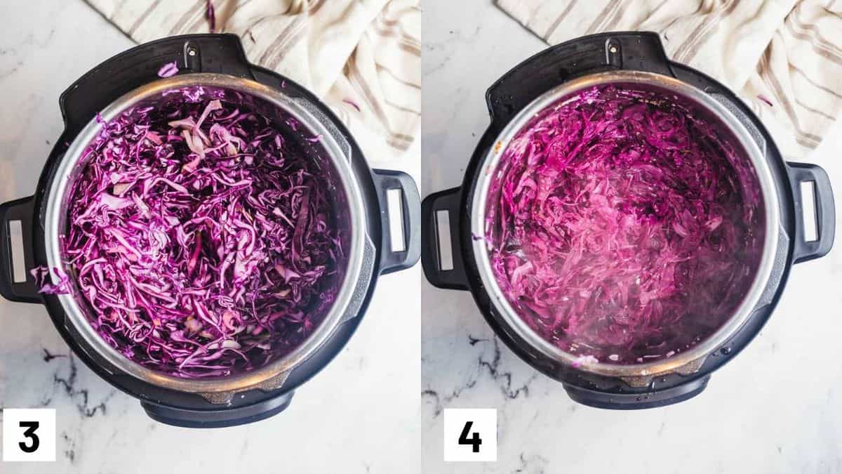 Two side by side images showing how to prepare red cabbage in the instant pot. 