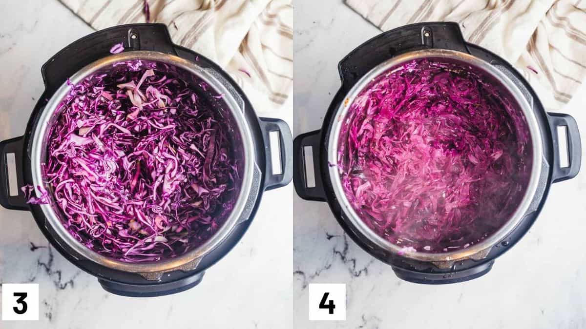 Two side by side images showing how to prepare red cabbage in the instant pot.