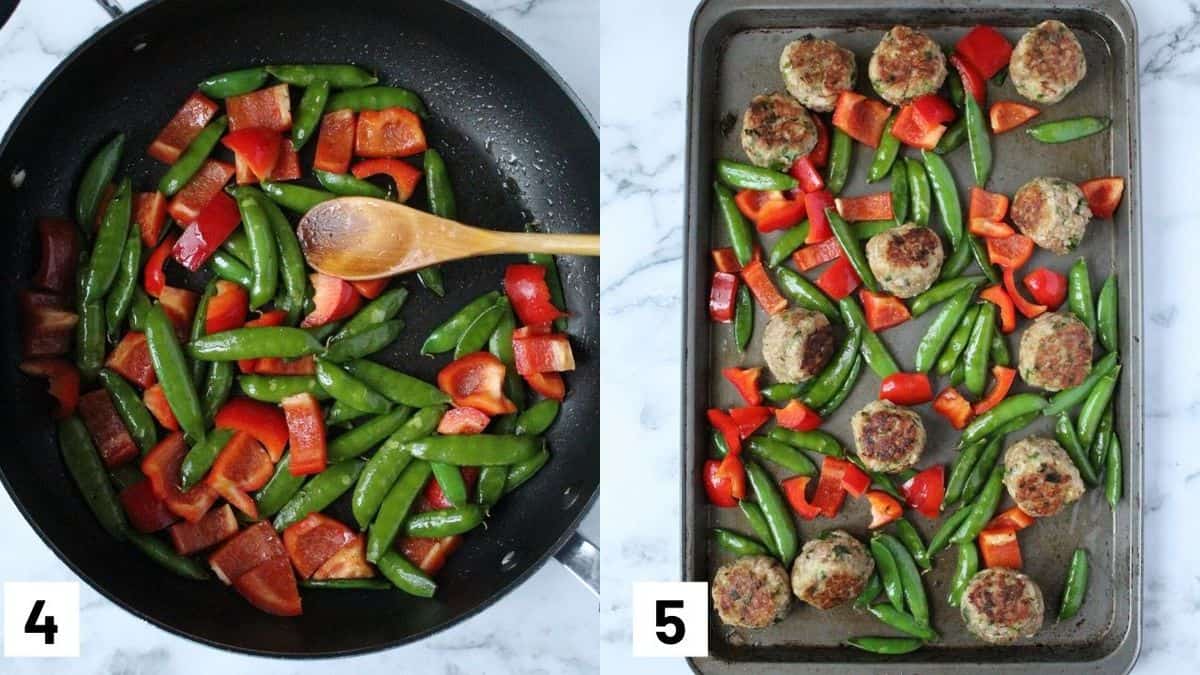 Two side by side images showing how to cook the vegetables in a skillet and adding them to a baking sheet withthe meatballs. 
