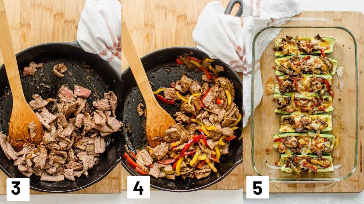Three side by side images showing how to prepare the Philly cheesesteak filling for the zucchini boats including sauteeing the onion, steak, and veggies in a pan; adding the sauce; layering onto the zucchini boats and heating in the oven.