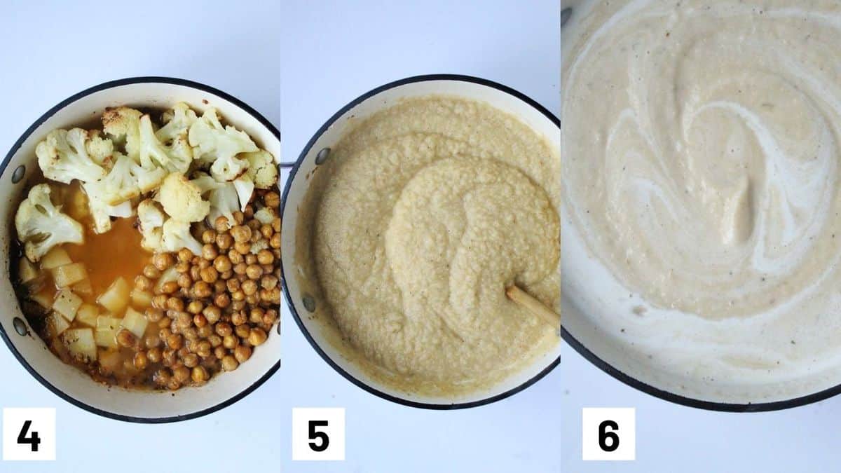 Three side by side images showing the roasted cauliflower and chickpeas added to the sauce pot, as well as pureeing the soup and adding coconut milk. 