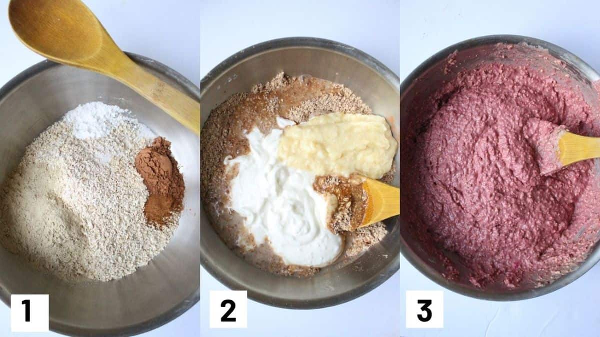 Three side by side images showing how to prepare recipe including preparing the dry and wet ingredients and combining to create pancake batter. 