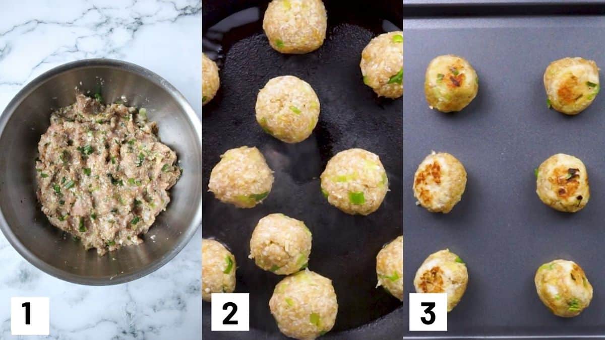 Three side by side images showing how. to prepare and brown chicken meatballs. 