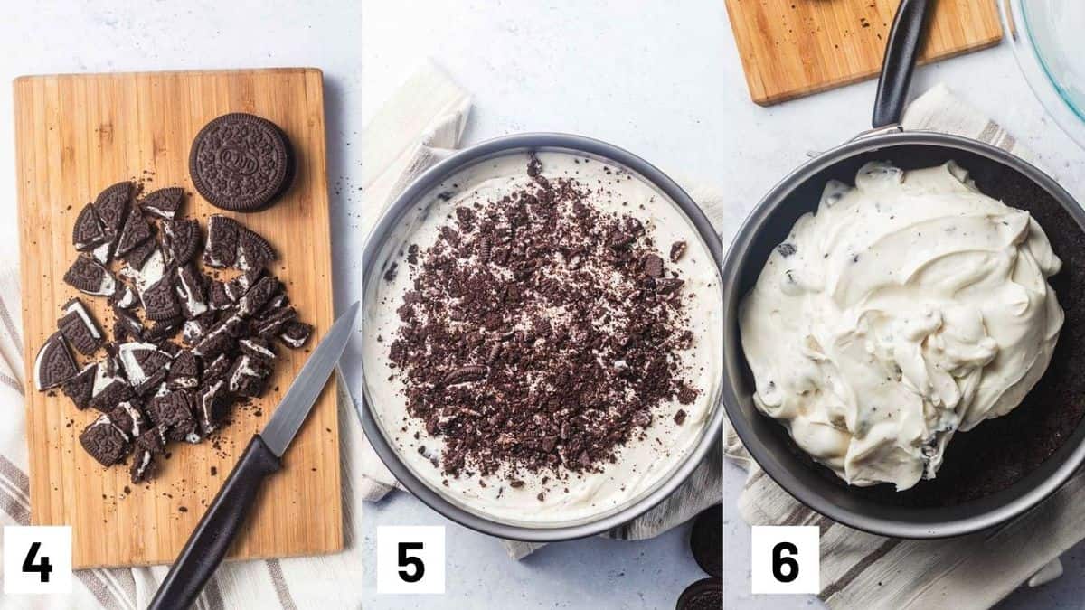 Three side by side images showing how to crush Oreos and adding to the cheesecake mixture, as well as layering cheesecake layer to the Oreo crust. 