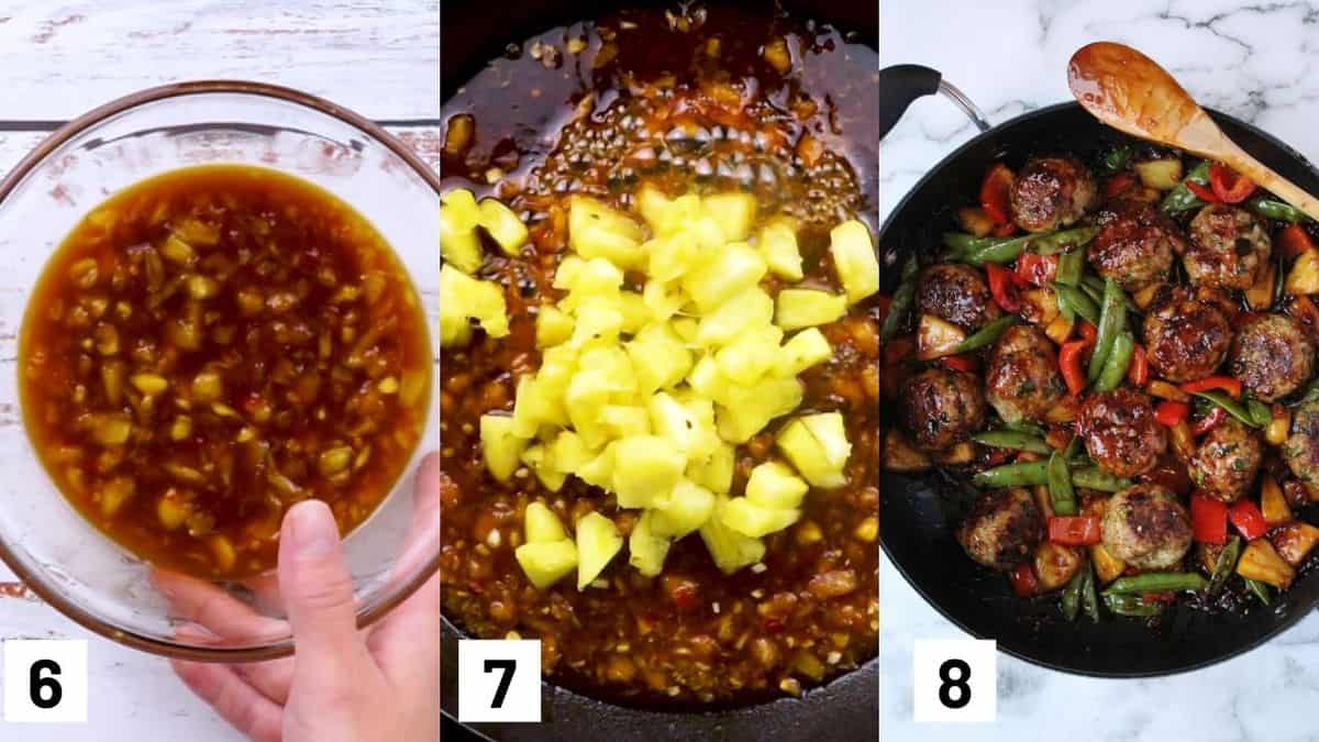 Three side by side images showing how to prepare the sauce in a skillet and adding them to the prepared meatballs and vegetables. 