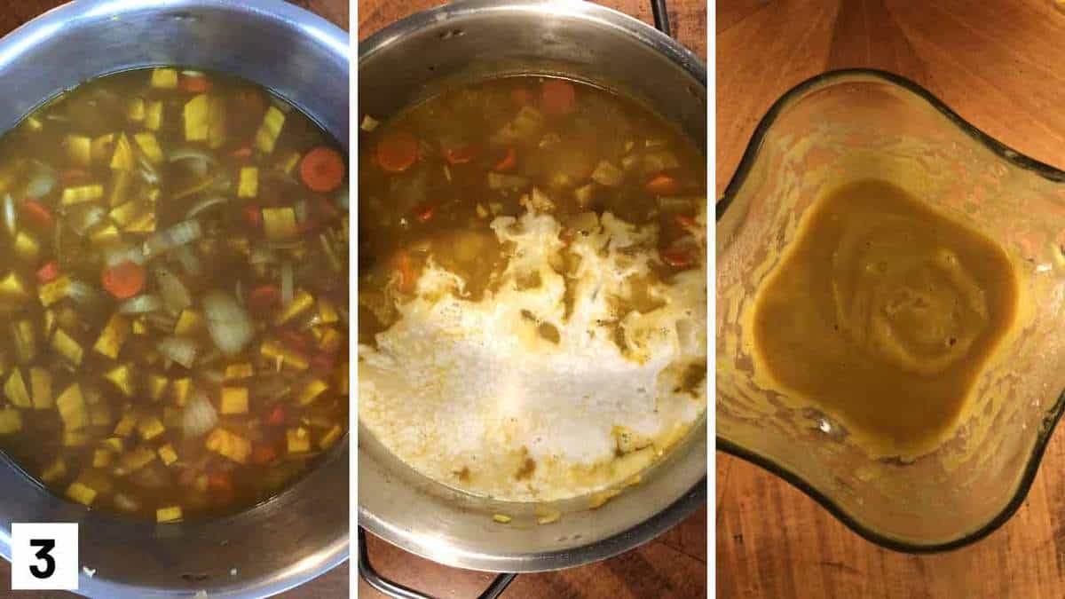 A pot with the curry soup with broth added, then coconut milk added, and then pureed.
