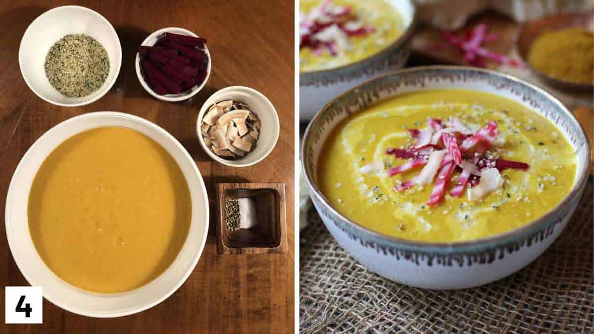 A set of two photos showing a soup with toppings beside it and then the soup with the toppings on it.