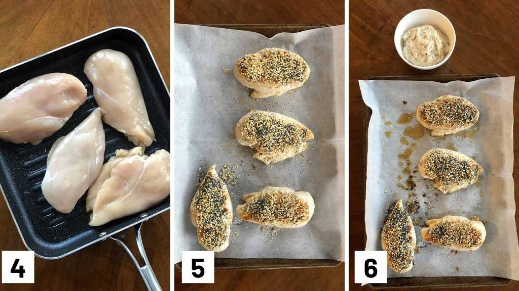 Step by step set of three photos of cooking chicken on a grill pan, covering chicken breasts in everything bagel seasoning, and then baking them.