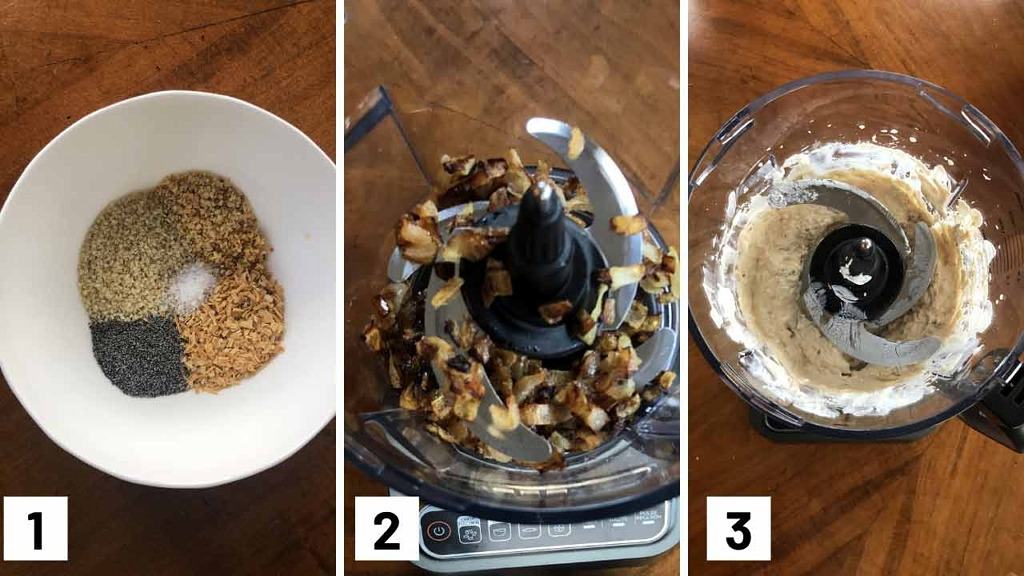Set of three step by step photo of combining the seasonings, browned onions in a food processor, and pureeing the onions with cream cheese and yogurt.