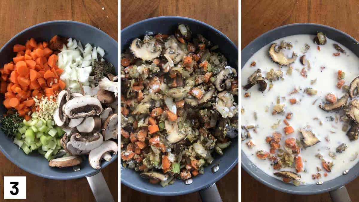 Step by step photos showing ingredients being added to a pan, coated with flour, then simmered with milk.