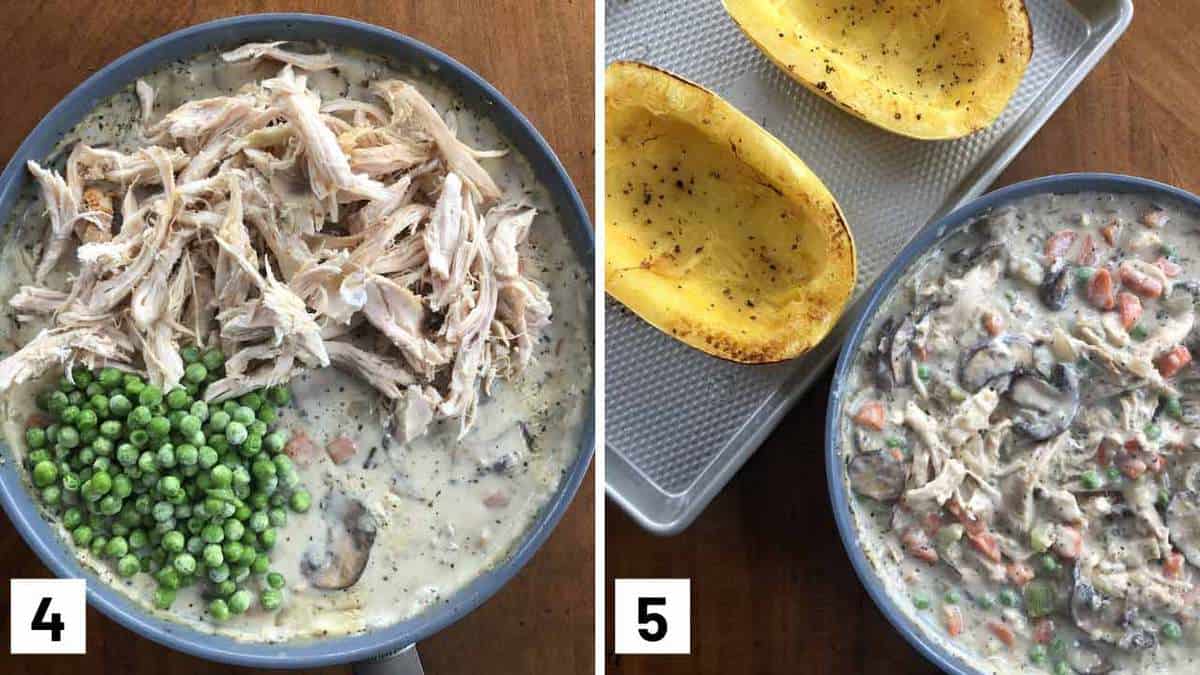 Step by step photo showing shredded chicken and peas added to a pan and then combining it into the hallowed spaghetti squash.