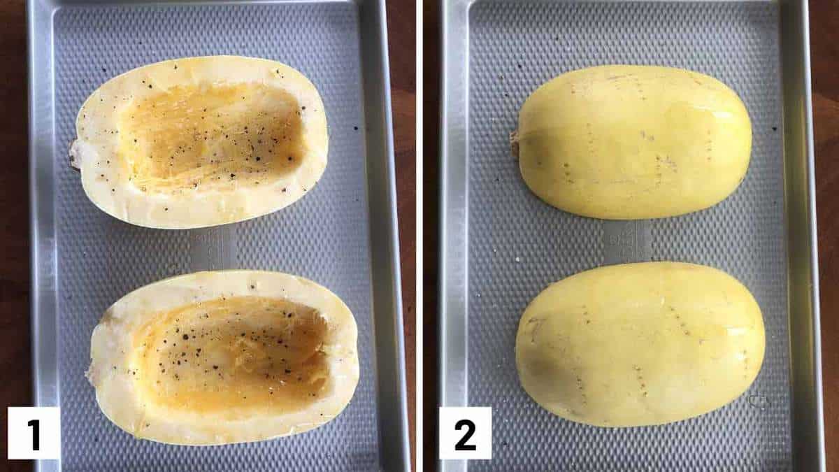 Step by step photo showing halved spaghetti squash on a sheet pan to be roasted.