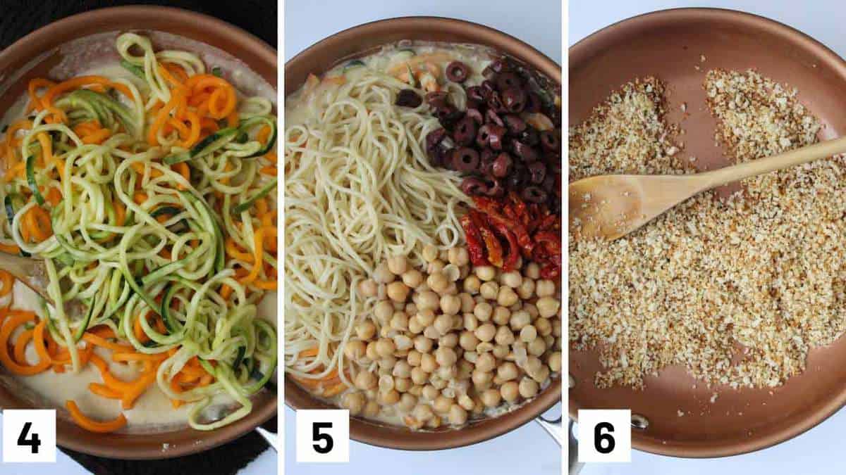 Instructional photo showing zucchini and butternut squash noodles added to the hummus sauce, then a photo of pasta, chickpeas, sun dried tomatoes, and olives added to the pan, and finally breadcrumbs being toasted.