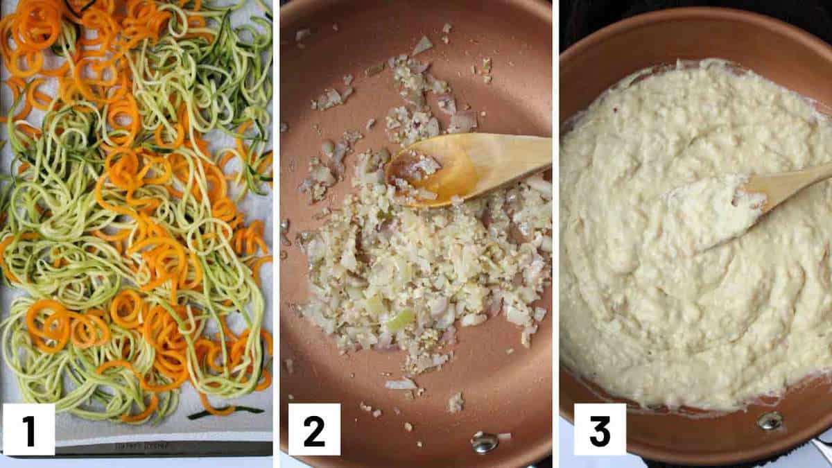 Instruction photos showing spiralized vegetables in a sheet pan, next photo showing shallots and garlic in a pan, and finally hummus being added to the pan.