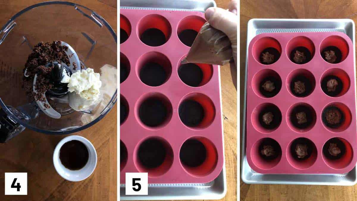 Instructional photos showing cream cheese blended with nutella, then pipping it into the silicone molds.