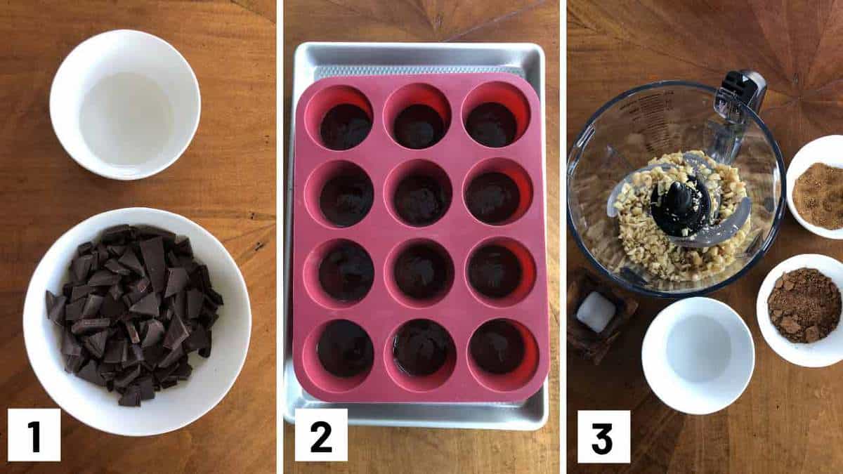 Instruction photos showing which ingredients to melt, coating a silicone muffin tray with chocolate, and then blending together hazel nuts with cocoa powder.