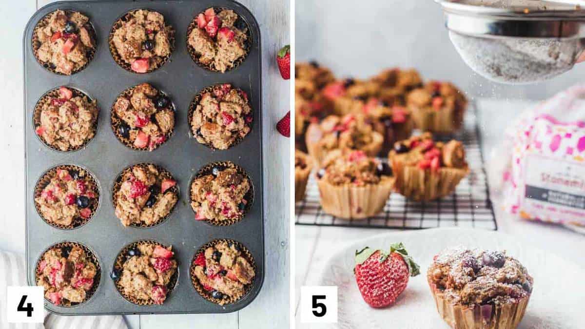 Step by step photo of a muffin tin of bread puddings to be baked and then dusting with sugar.