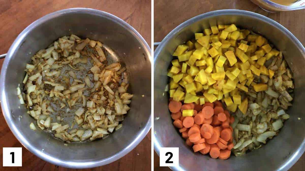 Two instructional photos of a pot with onions and seasoning, then a pot with the beets and carrots added in.