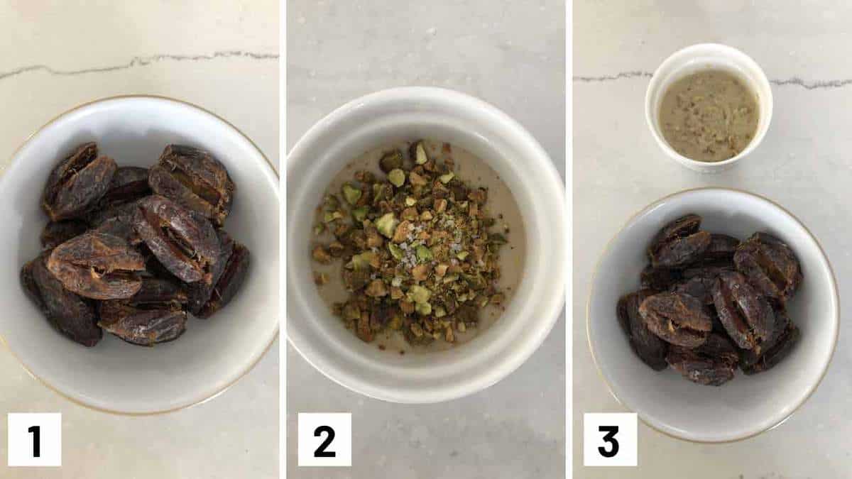 Step by step instructions showing dates being sliced opened, mixing together the filling, and then combine them.