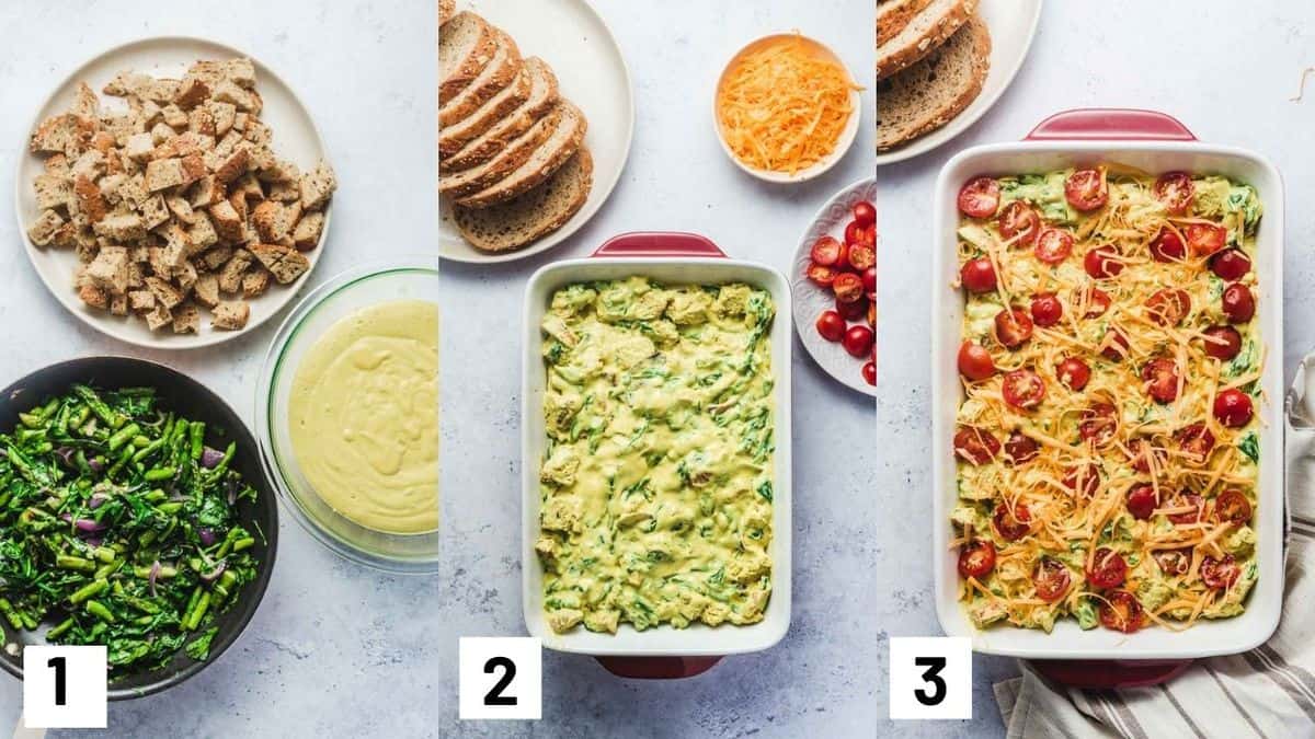 Three side by side images showing how to prepare recipe including cooking the vegetables; layering cooked vegetables, tofu mixture, and bread cubes in a casserole dish; and topping off with cherry tomatoes and cheese. 