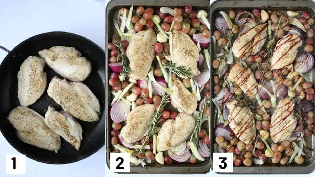 Three side by side images showing how to prepare recipe including browning the chicken, adding ingredients to sheet pan, and drizzling with balsamic glaze.