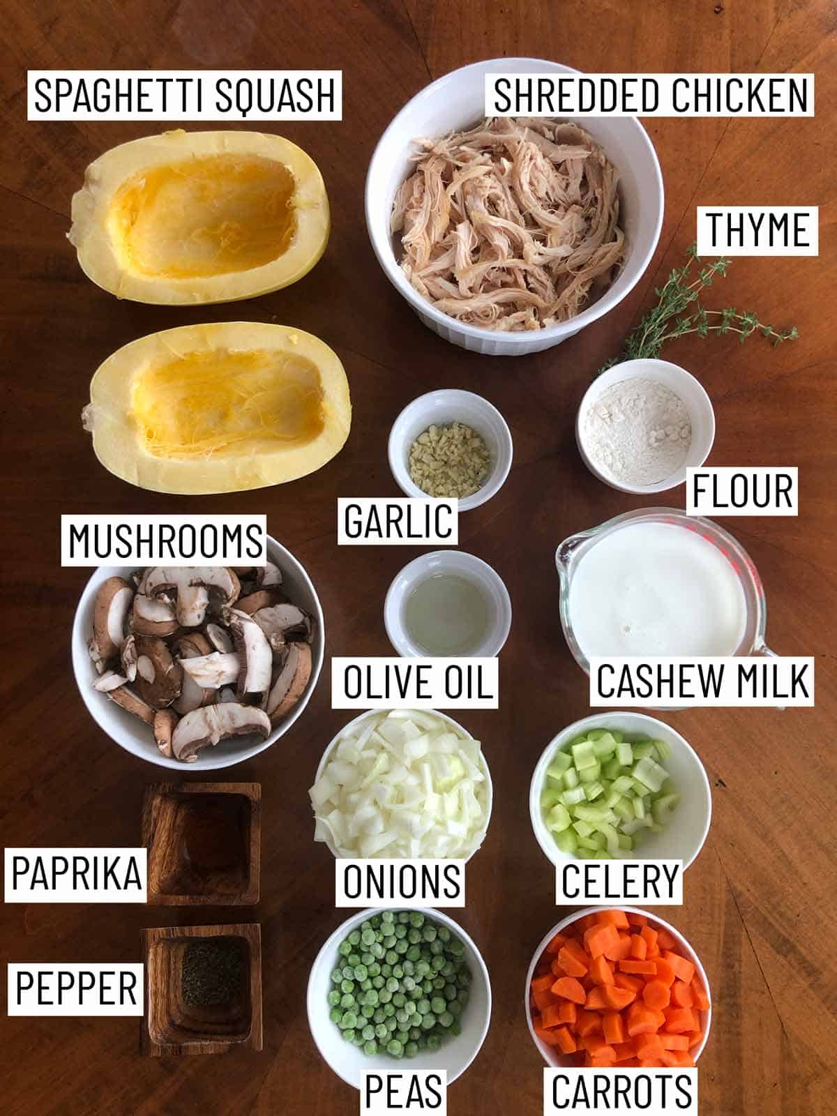 Overhead ingredients needed for Spaghetti Squash Chicken Pot Pie.