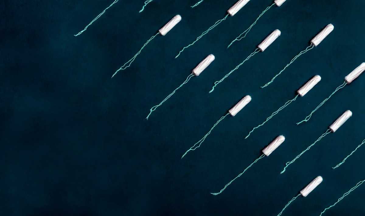 Several period tampons laid out against a dark blue background. 